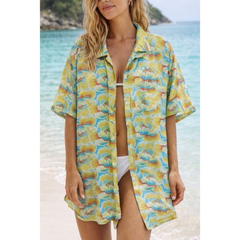 Kulani Kinis Floral Linen Blend Cover‎ Up Swim Yellow Tropical Large Beach